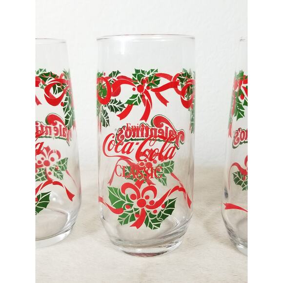 Coca Cola Classic Christmas Drinking Glass 16oz Valentino's Pizza 7" Vintage x3 - Picture 3 of 12
